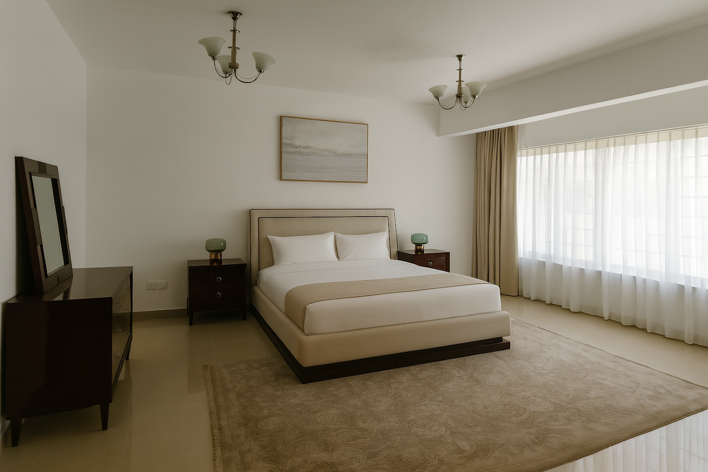 Front desk area with a dark wood counter, backlit shelving and eclectic decor.
